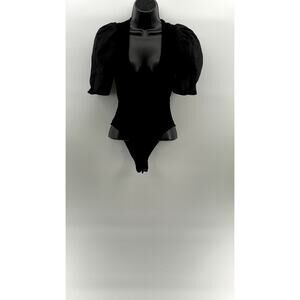 FOREVER 21 Women's Black Mesh Puff Short Sleeve Scoop-Neck Bodysuit SZ S